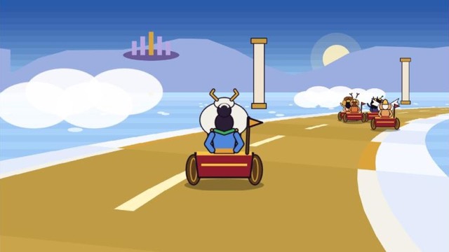 Chariots racing on the golden sky road between the flying cities