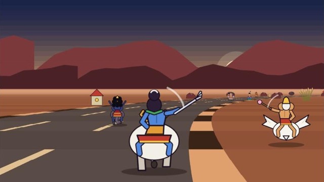 Shevi swings his trident from Nanku in a road race through the red canyon